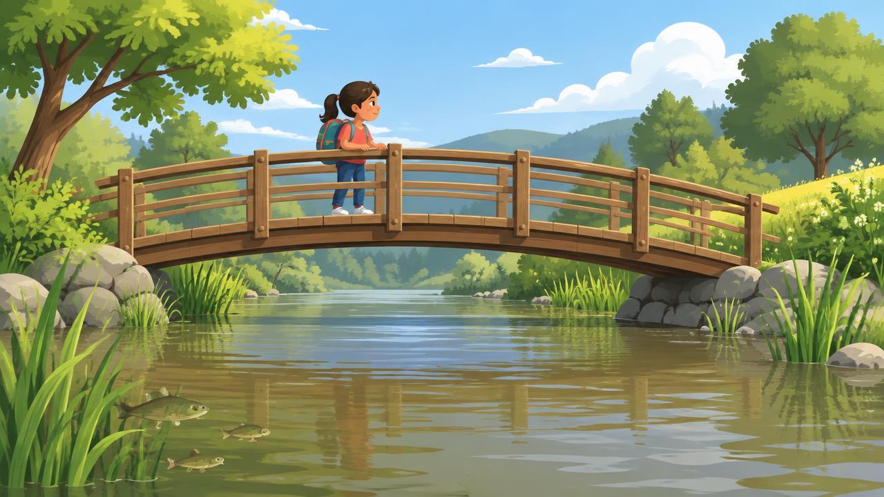 Illustration: a bridge over a discoloured river with dead fish in the reeds
